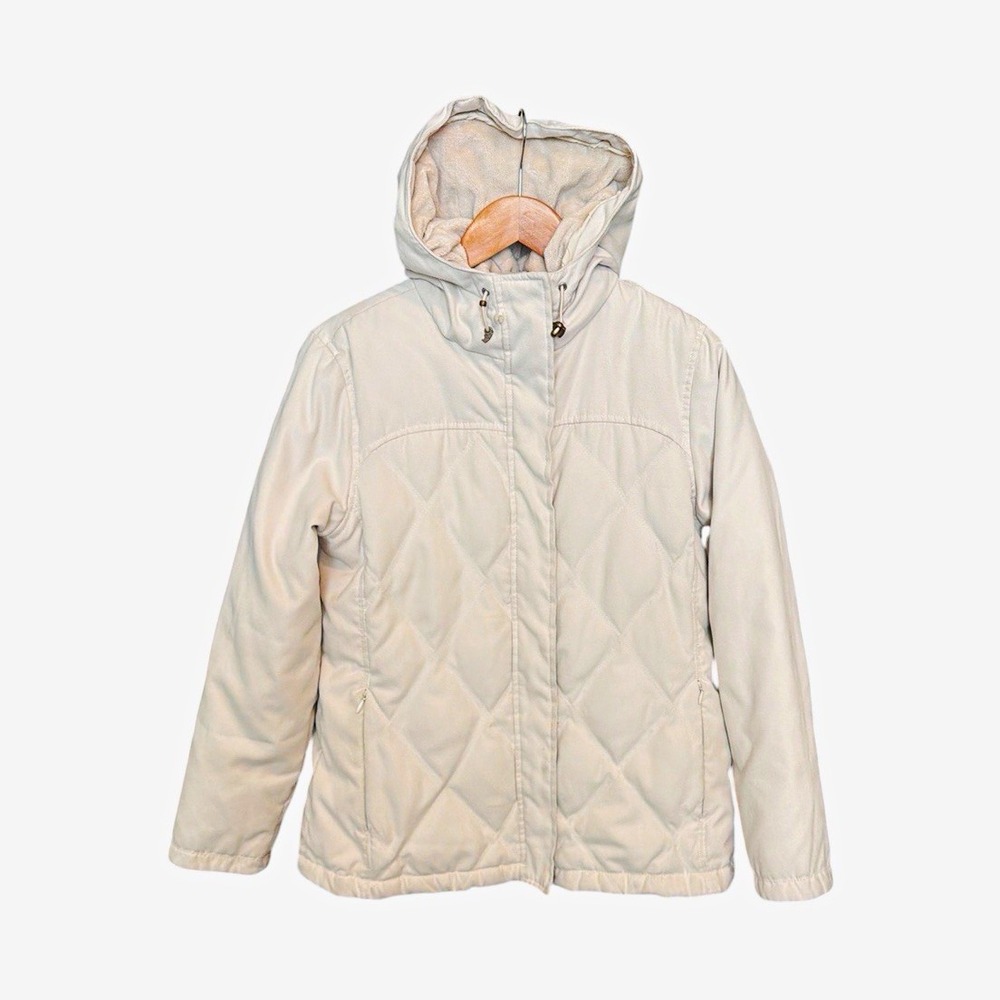 L.L. Bean Cream Quilted Hooded Down Jacket Size Small Fleece Lined Winter Casual